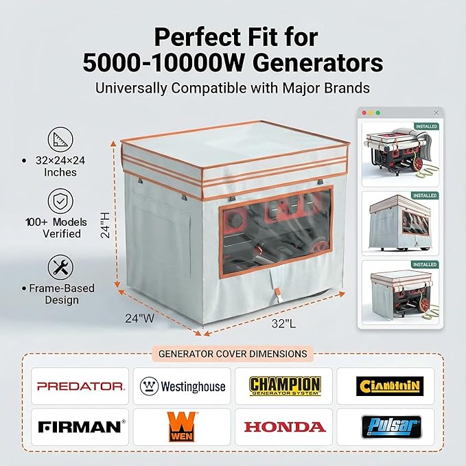 Generator Cover While Running - Heavy Duty Waterproof Generator Enclosure for Most 5000-10000 Watt Outdoor Portable Generators Compatible with Predator Westinghouse Champion32X24X24In. Beige
