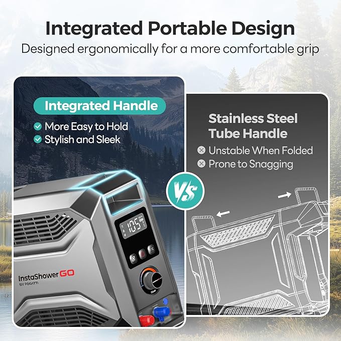 FOGATTI InstaShower GO Pro Portable Propane Hot Shower System 22000 BTU Instant Water Heater with 5000mAh Built-in Battery 12V Pump All-in-One Outdoor Shower for Camping Pets &amp Off-Grid Use