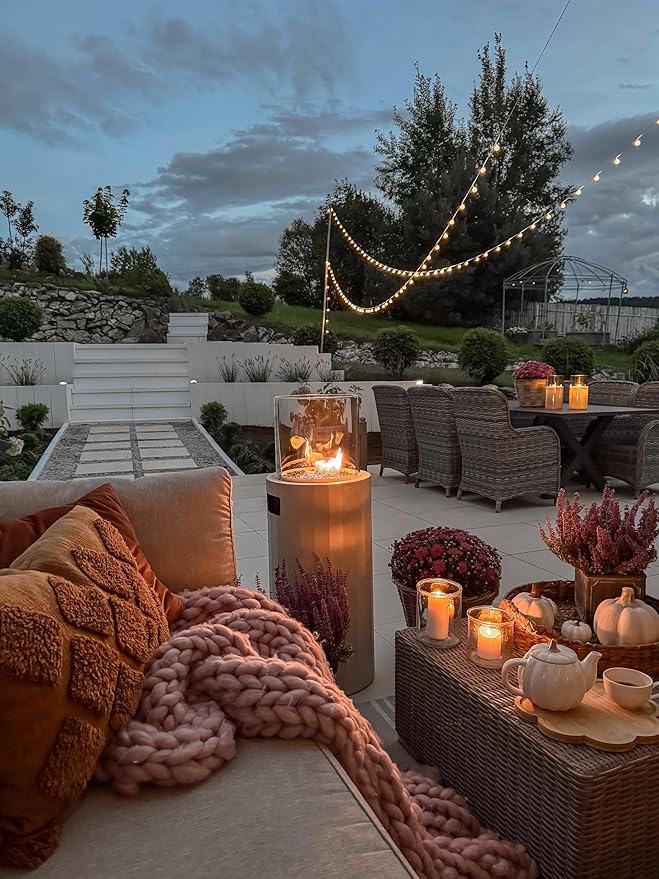 Planika BINO Outdoor Gas Fireplace - Fire Column with Glass Shield for Patio or Gardens (Outdoor Cover Incl) (Grey)