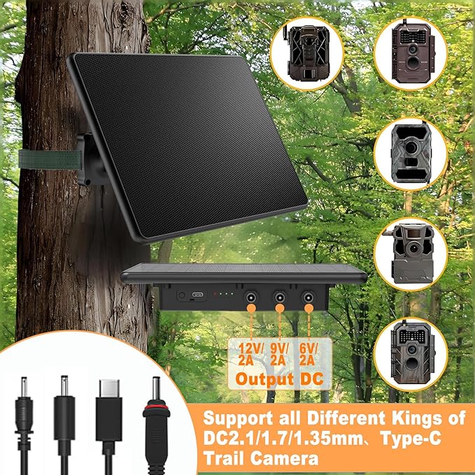 Trail Camera Solar Panel6W Solar Battery Charger Kit 6V/2A 9V/2A 12V/2A with 4000mAh Battery for Hunting CameraIP65 Waterproof Hunting Accessory1.7/2.1/1.35mm DC &ampUSB-C Connectors for Trail Cam