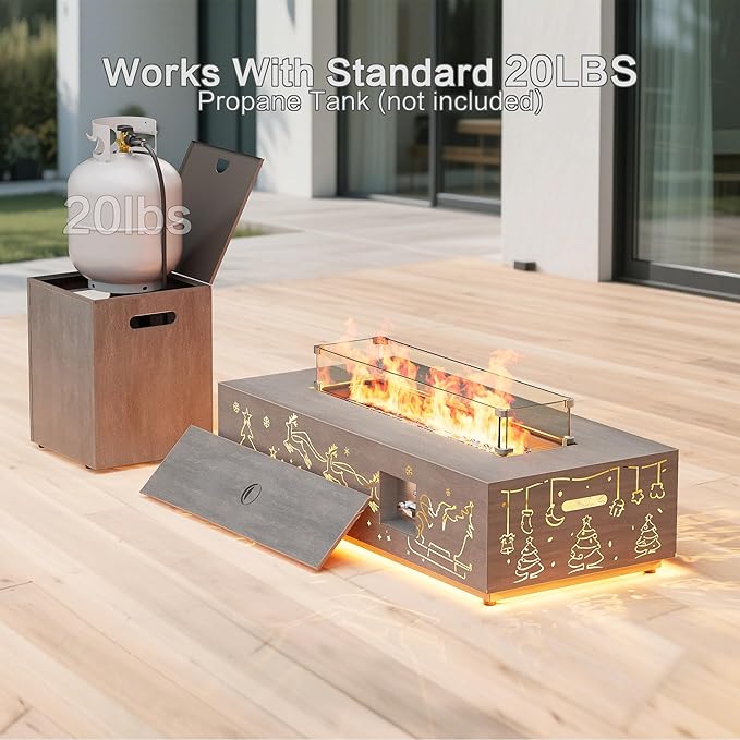 42 Outdoor Fire Pit Table 50000 BTU Gas Fire Pit with Glass Wind Guard Fire Stones Waterproof Cover Propane Fire Pit Table for Outside Patio Hollow-Out (Elk Brown)