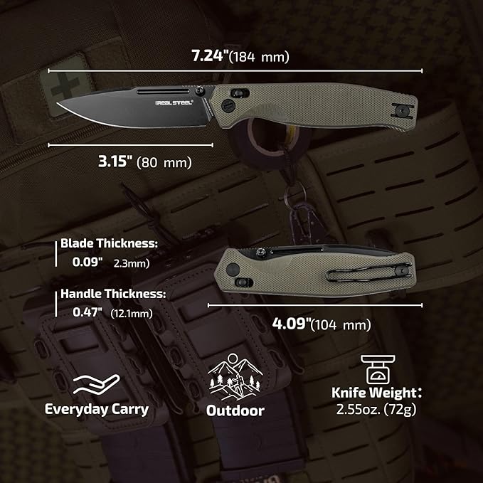 REALSTEEL Huginn Compact Folding Pocket Knife Crossbar Lock 3.15'' VG-10 Steel Blade Thumb Stud G10/Micarta Handle Lightweight Knife with Reversible Deep Carry Clip for Men and Women EDC Gift fo