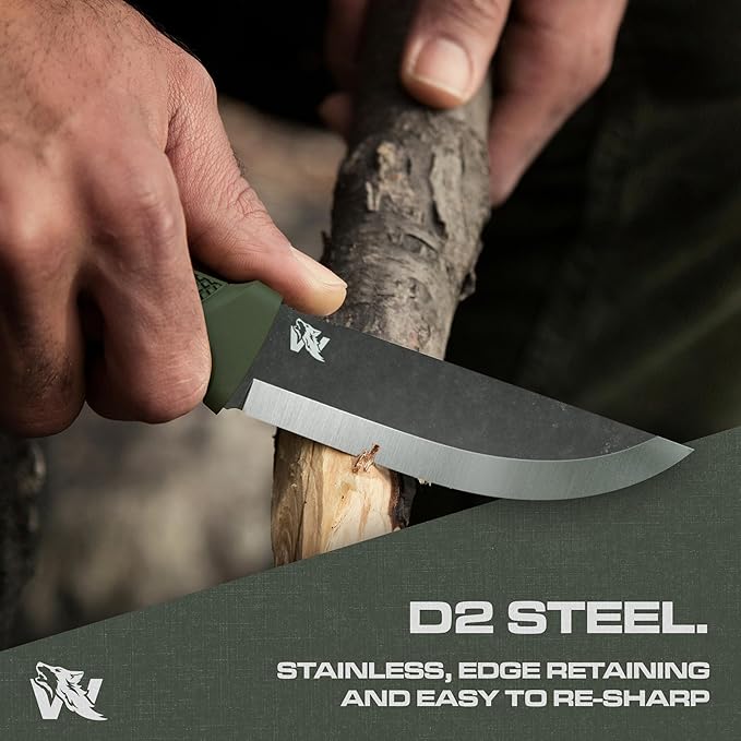 ODENWOLF W-SCANDI Full Tang Survival Knife with Sheath - Stylish Tactical Fixed Blade - Made of D2 Steel - Bushcraft and Camping Knife Survival - Perfect EDC Hunting Knife with TPE Handle