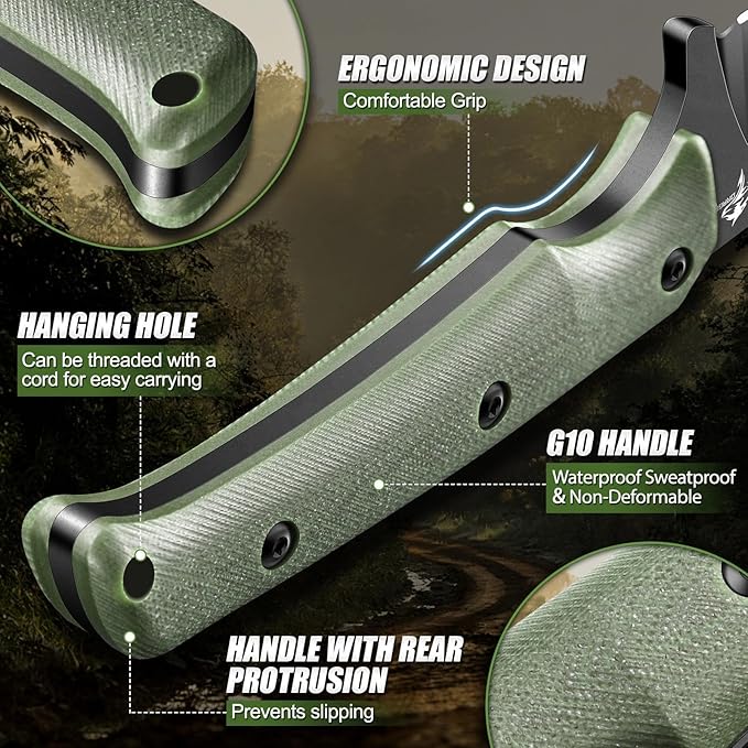 Purple Dragon Fixed Blade Knife - Full Tang Hunting Knife Forged from a Single Piece of D2 Steel - Camping Knives with G10 Handle and Kydex Sheath - Outdoor Gift for Men - Green