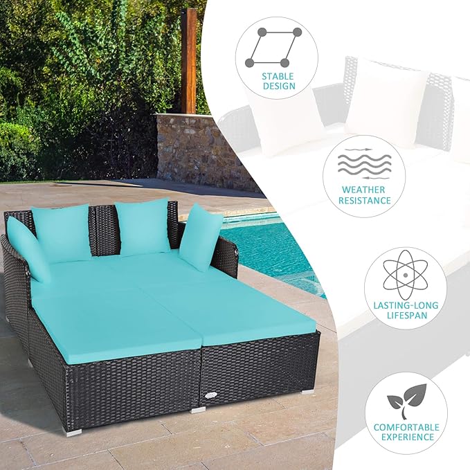 Tangkula Outdoor Rattan Daybed Sunbed Wicker Furniture w/Spacious Seat Upholstered Cushion &amp High-Resilience Sponge Wicker Patio Sofa Set w/Extra Pillows for Courtyard Poolside(Turquoise)