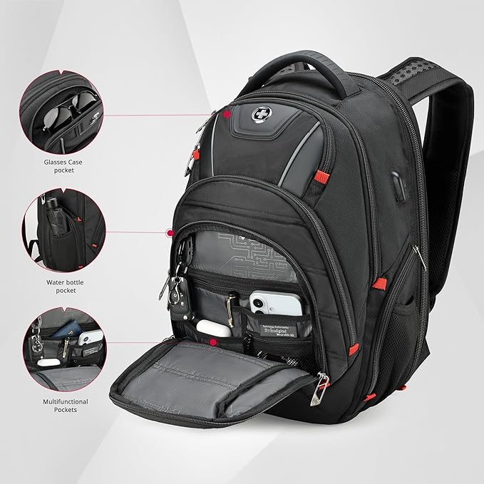Swissdigital Design Travel Backpack for men with Apple Find My TSA Friendly USB Charging RFID Protection Business Backpack Fits 15.6 Laptops Black | J149508F-BR