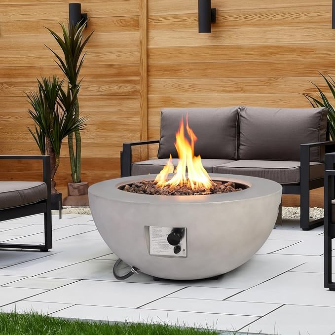 31.5 Inch Round Propane Fire Pit Table - Concrete Round Fire Bowl 50000 BTU Natural Gas Firepit Burner with Steel Lid Lava Rocks Waterproof Cover for Outside Patio Backyard Party