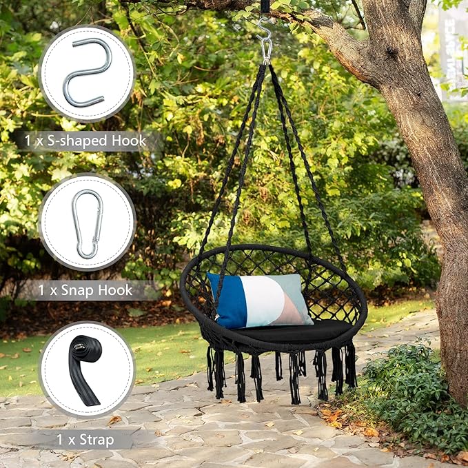 Giantex Hammock Chair Macrame Swing - Hanging Chair with Cushion and Hardware Kit 330 LBS Weight Capacity Indoor Swing for Hammock Stand Patio Balcony Living Room Hammock Swing (Black)