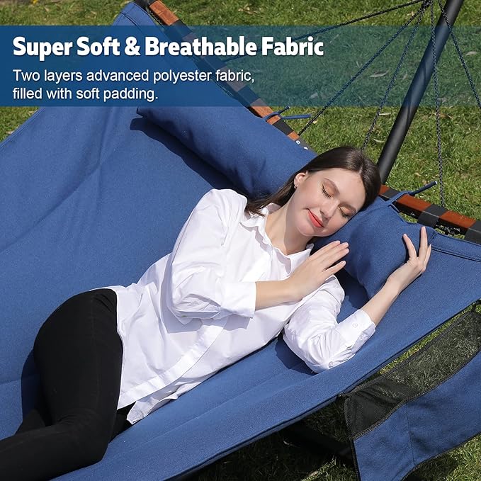TegerDeger 12FT 2 Person Hammock with Stand Included 55 x 79IN Large Hammock 450LB Capacity with Hardwood Spreader Bar &amp Nylon Rope for Outside Patio Garden Backyard Beach - Deep Blue