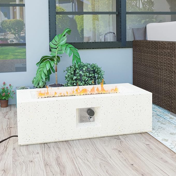 HOMPUS Outdoor Propane Fire Pit 44-inch x 17-inch Rectangle White Terrazzo Concrete Fire Table with Lava Rocks and Rain Cover 50000 BTU Gas Fire Pit for Patio Deck or Backyard