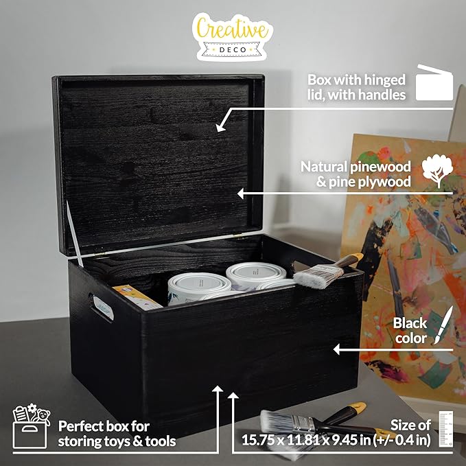 Creative Deco Large Black Wooden Box Storage with Hinged Lid | 15.8x11.8x9.44in (+-0.5) | Keepsake Gift Box Storage Document | Wood Chest Trunk PRODUCT NOT INTENDED FOR 15 YEARS OR BELOW