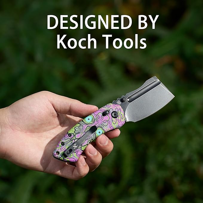 KANSEPT Korvid V Pocket Knife 2.91'' America Blackwash D2 Blade Jade G10 with Purple Undead Print Handle Thumb Stud with Crossbar Lock Double Sided Clip for EDC Camping Folding Knives TE2030V5