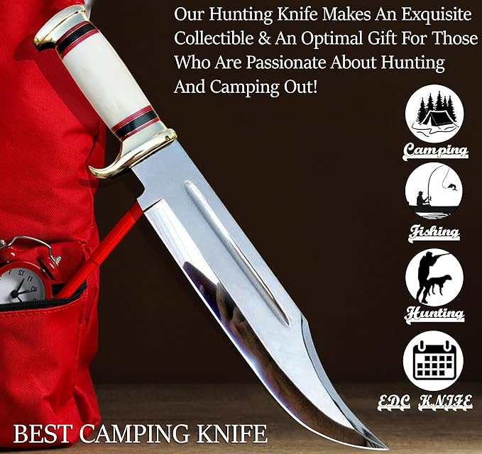 14 Crocodile Dundee Bowie Knife – Mirror Polished Hunting &amp Survival Knife with Bone Handle and Leather Sheath – Tactical Knife for Camping Outdoor Bushcraft Gift for Men