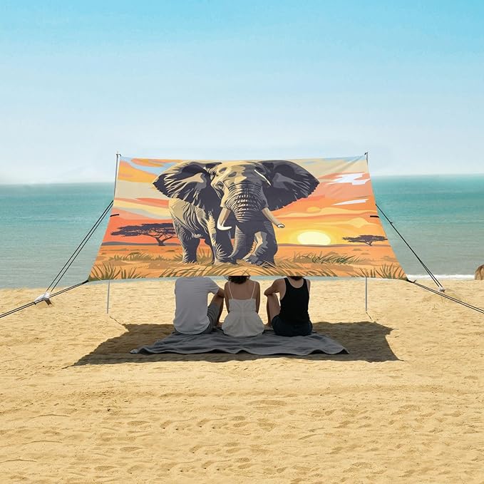 ALAZA African Elephant Sunset Beach Tent Sun Shelter UPF50+ Protection Beach Shade Canopy w/ 4 Sandbags for Outdoor Camping Fishing Backyard Fun Picnic 10x9 ft