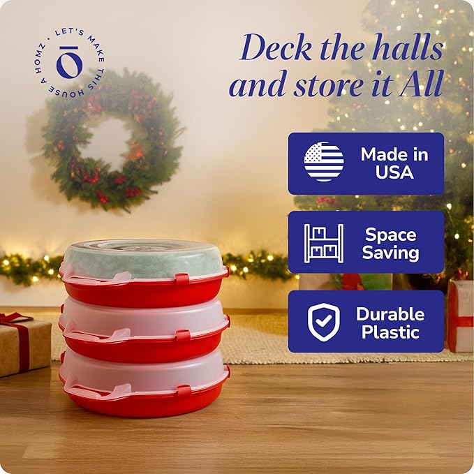HOMZ 3-Pack 24 Inch Seasonal Holiday Clear Plastic Wreath Storage Containers Red – Stackable Decoration Organizer Bins with Lids and Handles for Christmas Wreaths and Garlands