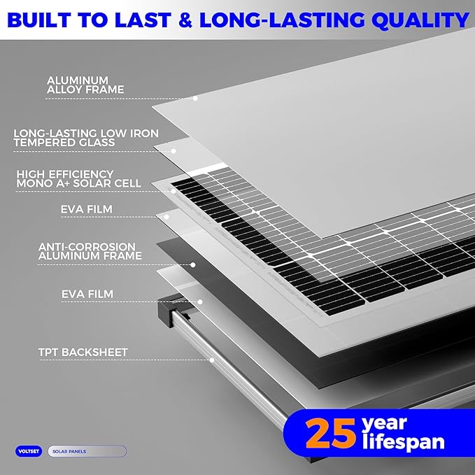 Voltset 100W 12V Solar Panel High Efficiency 9BB Cell Monocrystalline Solar Panels IP67 Waterproof Suitable for RV Marine Rooftop Home Yacht Off-Grid Applications (100W Single Panel)
