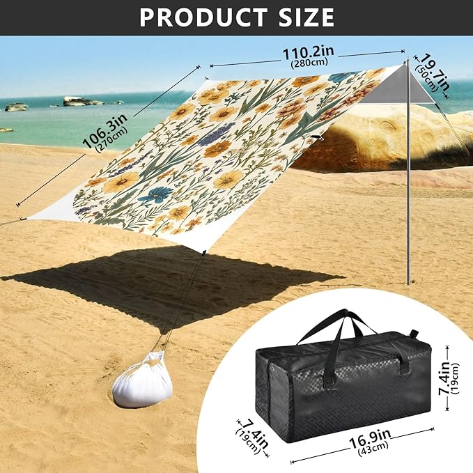 Spring Flowers Daffodil Iris Succulent Plants Beach Cabana Tent UPF50+ Easy Setup Shade Sun Shelter with Sand Shovel for Backyard and Camping