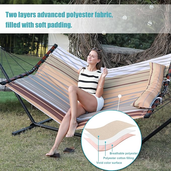 TegerDeger 12FT 2 Person Hammock Large Hammock 450LB Capacity with V Shaped Hardwood Spreader Bar &amp Nylon Rope for Outside Patio Garden Backyard Beach Poolside - Fall Yellow Stripes