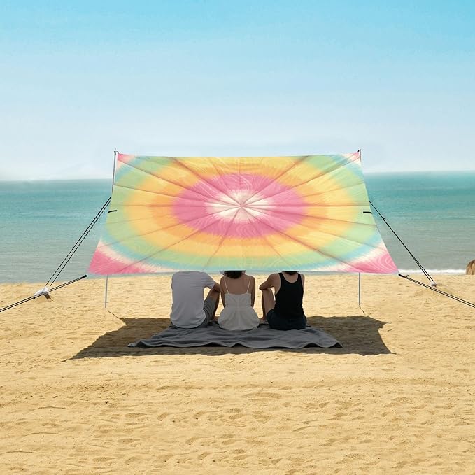 Tie-dye Pattern Bright Colors Tie-dye Background Stable Beach Tent UPF50 Water-Resistant Large Sun Shelter with Sandbags Sand Shovel Poles for Camping Trips Fishing Backyard Fun or Picnics