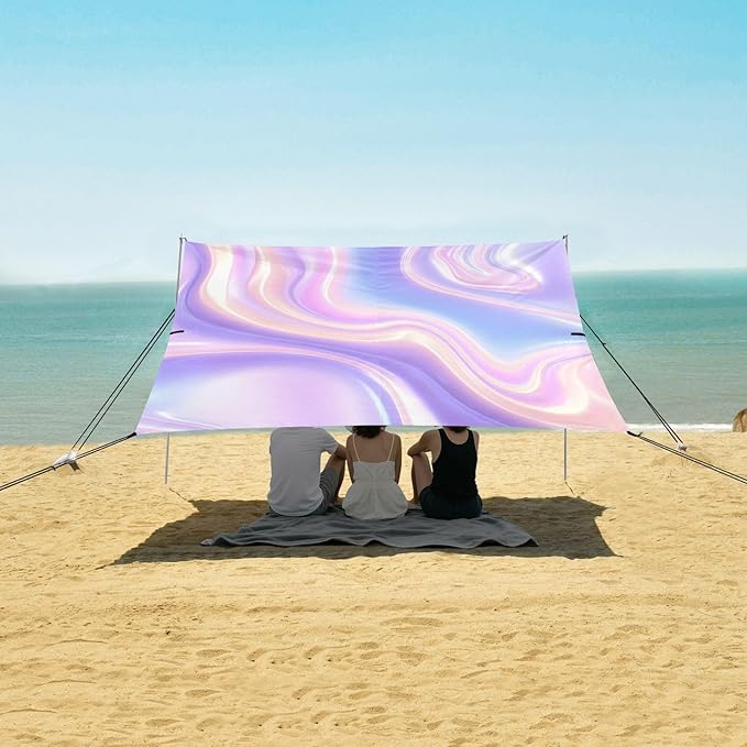 xigua Purple Texture Beach Tent Sun Shelter with Carrying Bag - Silver Coated Oxford Fabric Beach Canopy for Beach Camping Fishing - Includes Windproof Ropes Sandbags &amp Stakes