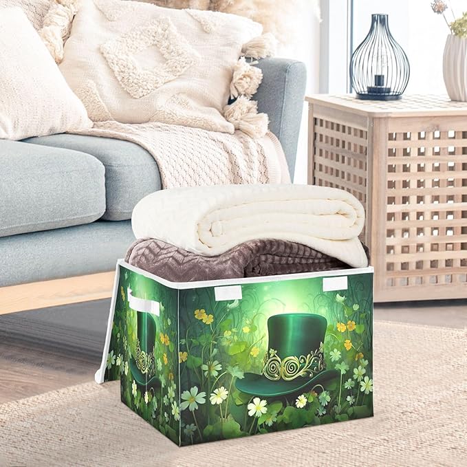 Christmas Storage Baskets with Lids Green Hat and Flowers Collapsible Bins Stackable Fabric Linen Baskets Closet Organizer Container 16.5x12.6x11.8