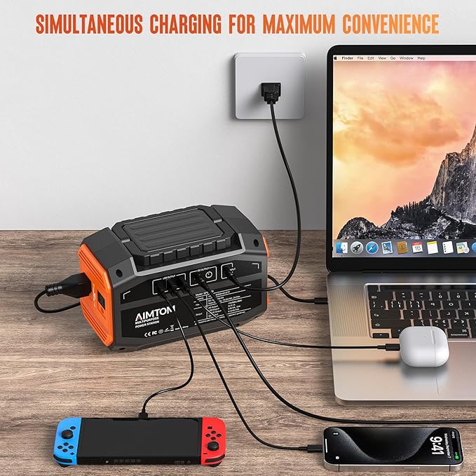AIMTOM Portable Power Station 173Wh Lithium Battery 200W AC Outlet (250W Surge) 18W USB-C 2x USB-A 2x 12V DC Outputs LED Flashlight – Ideal for Camping Travel Emergency Backup RV Home Use