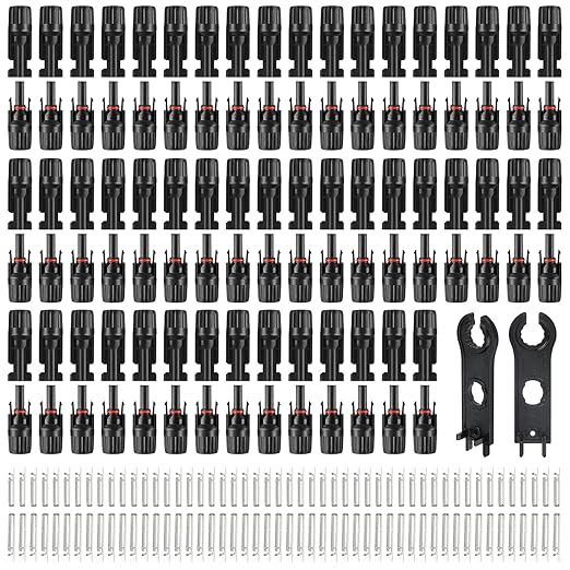 100PCS MC4 Soar Connectors Solar Panel Cable Connectors 1000V 30A IP67 Waterproof Male/Female Plug with Spanners Suitable for 14AWG-10AWG Solar Cables (50 Pairs)