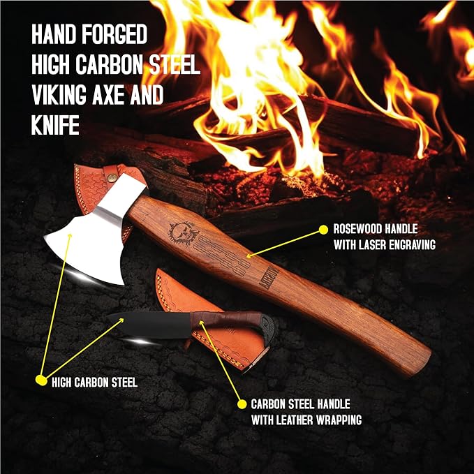 Viking Axe | Bearded Bushcraft Hatchet Hand Forged High Carbon Steel Camping Throwing &amp Survival Axe with Leather Sheath