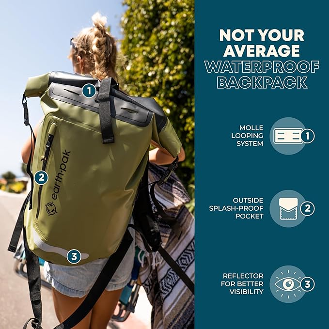 Earth Pak Waterproof Backpack - Heavy Duty Roll-Top Closure with Easy Access Front-Zippered Pocket and Cushioned Padded Back Panel for Comfort with IPX8 Waterproof Phone Case