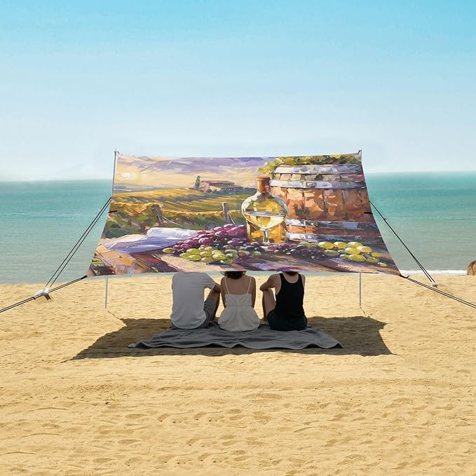 ALAZA White Wine with Barrel Vineyard Grape Beach Tent Sun Shelter Portable Canopy Sunshade for Outdoor Camping Picnics Backyard Fun 10x9 ft