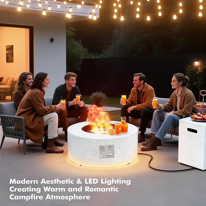 30 Round Propane Fire Pit Table - 50K BTU with Lid Rocks Tank Storage and Cover - Round Gas Fire Pits for Outside Patio - Outdoor Table with Firepit (White/Golden Light 30 Round)