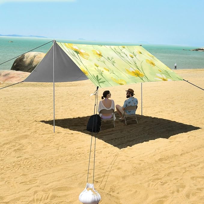 xigua Yellow Flowers Beach Tent Sun Shelter with Carrying Bag - Silver Coated Oxford Fabric Beach Canopy for Beach Camping Fishing - Includes Windproof Ropes Sandbags &amp Stakes