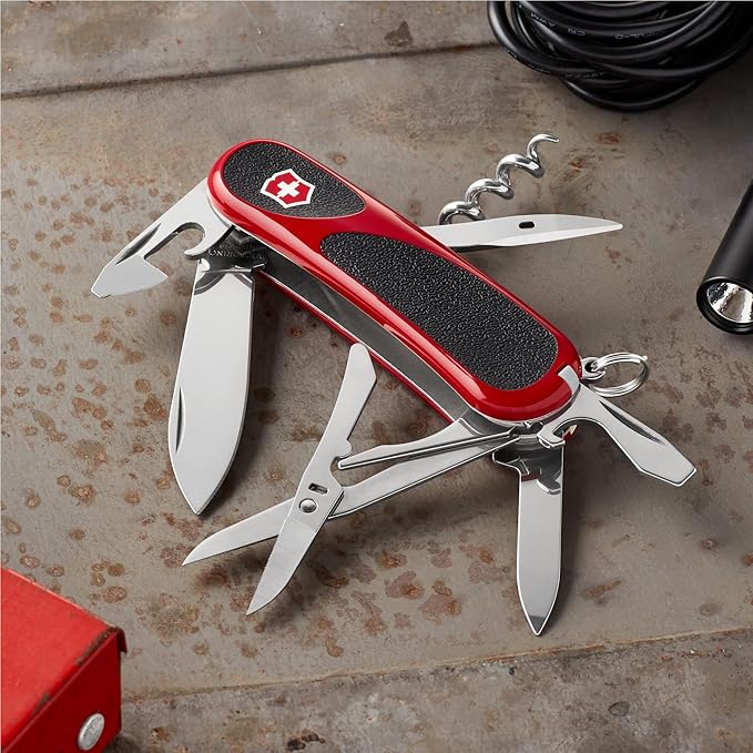Victorinox Evolution 14 Grip Swiss Army Knife 14 Functions Swiss Made Pocket Knife with Large Blade Screwdriver and Corkscrew - Red/Black