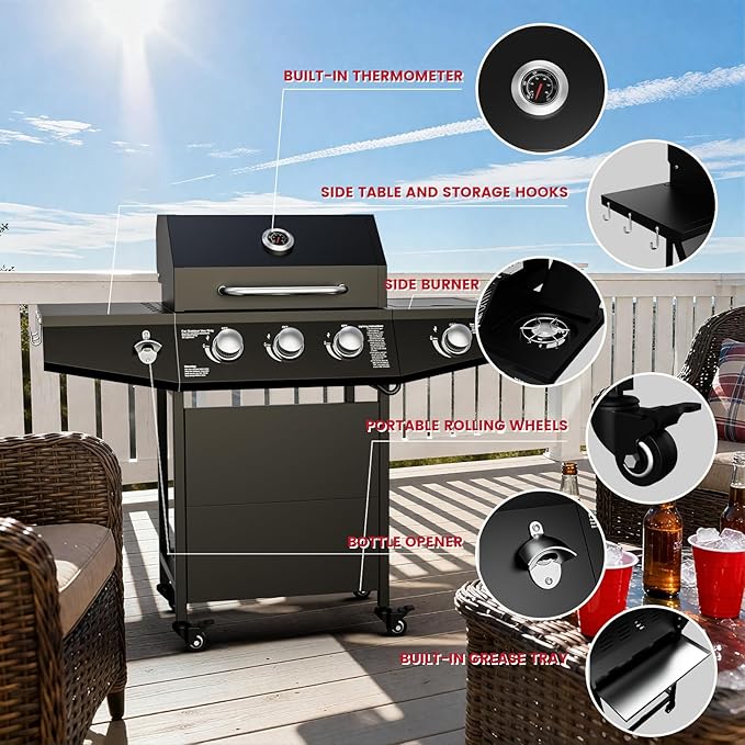 3 Burner Propane Gas Grill with Side Burner 40000 BTU Output Propane Grill Outdoor Gas BBQ Grill with Stainless Steel Grates Outdoor Cooking for Patio Camping Backyard