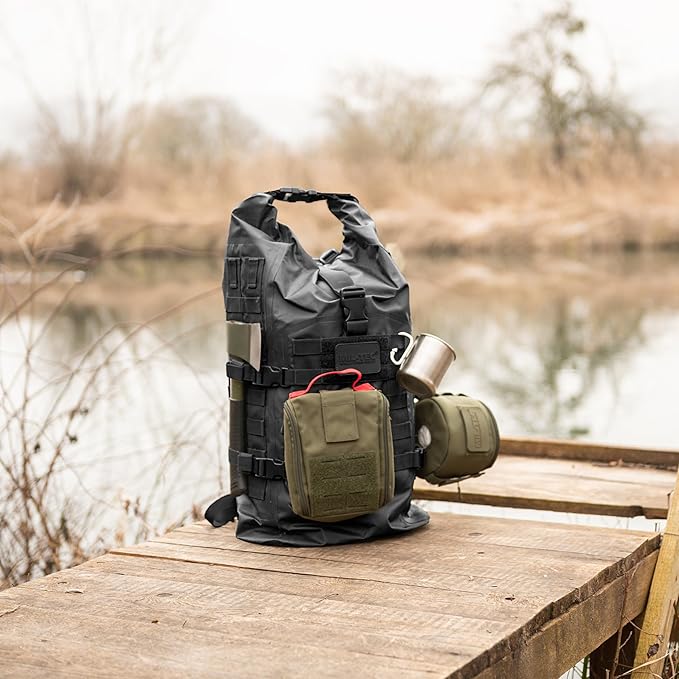 Mil-Tec Unisex 30L Tactical Seals Dry Bag - Secure Rugged Durable Waterproof Outdoor Kayaking Boating Camping Hiking MOLLE Backpack with Adjustable Wide Shoulder Straps &amp Padded Back Black