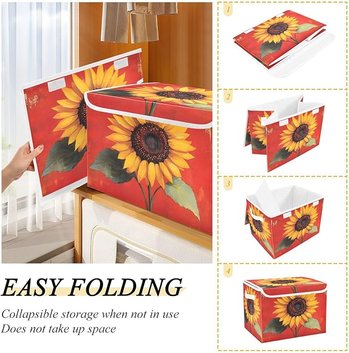 AIXIWAWA Lidded Storage Cube (Vintage Sunflower Red) Fabric Foldable Closet Bins with Flip Lid and Handles Organizer Basket Container 16.5 x 12.6 x 11.8 IN