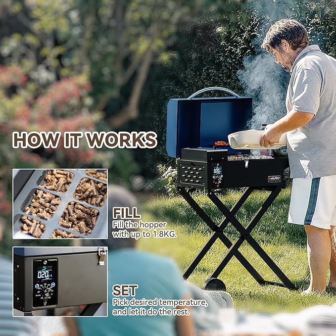 BBQ Wood Pellet Grill Smoker with Foldable Cart Meat Probe 2 Tiers Cooking Area Portable Smoking Grilling Stove for Outdoor Patio Cooking RV Camping Tailgating Blue GS342