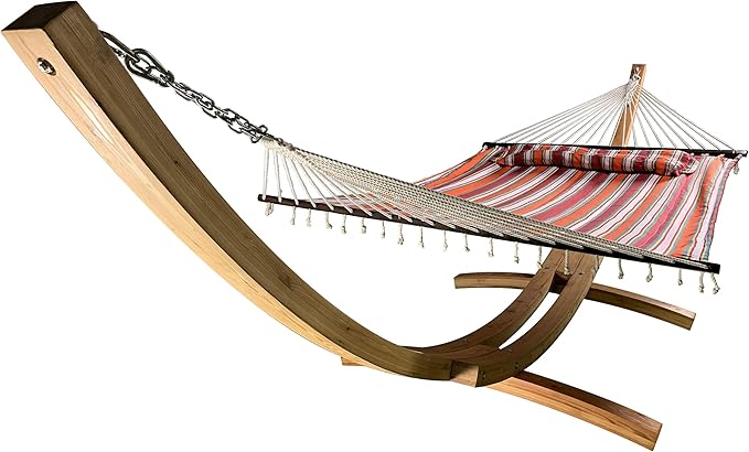 14 Ft. Wooden Arc Hammock Stand + Deluxe Quilted Double Padded Hammock Bed w/Pillow. 2 Person Bed. 450 LB Capacity(Natural Stain/Elegant Fiesta Stripe)