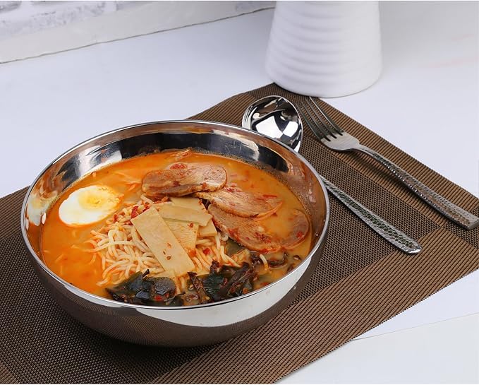 2 Pack 304 Stainless Steel Pasta Bowls 47oz Double Walled Insulated Soup Salad Bowls Unbreakable 8.7 Large Cereal/Ramen/Udon/Noodle/Pho Bowl Plates with 2 Spoons &amp Forks Dishwasher Safe