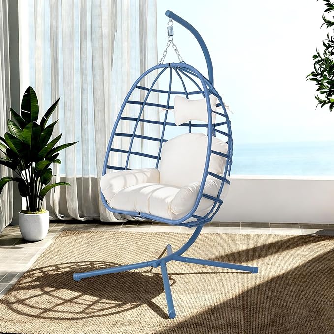 Hanging Egg Chair with Stand Outdoor Indoor Patio Rattan Swing Hammock Chairs with Washable Cushion 350lbs Capacity PE Wicker Swing Chair for Backyard Bedroom Garden (Blue + White Cushion)