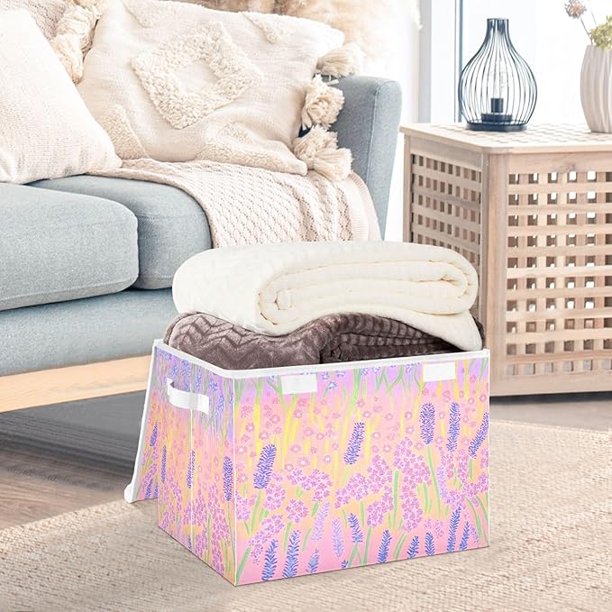 AIXIWAWA Lidded Storage Cube (Cartoon Lavender) Fabric Foldable Closet Bins with Flip Lid and Handles Organizer Basket Container 16.5 x 12.6 x 11.8 IN