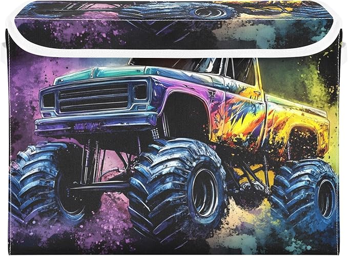 Watercolor Monster Truck Storage Cube Bins Basket with Lid Collapsible Flip-top Fabric with Handle for Home Bedroom Closet Office 16.5×12.6×11.8 in