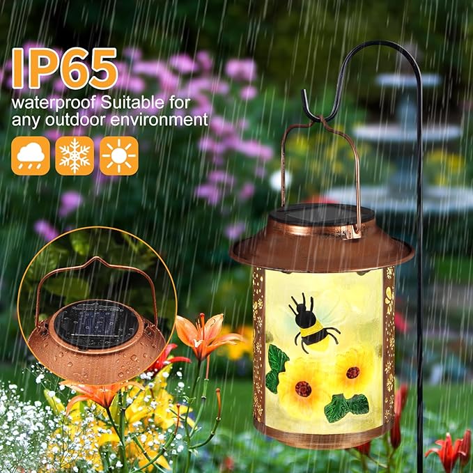 Bees Solar Lanterns Outdoor WaterproofBirthday Gifts for Women Mom Grandma Garden DecorHanging Solar Lights Wall Mount Decorations for YardFront PorchPatioLawn Pathway Landscape