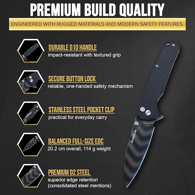 SliceElite Tiger Shadow Folding Knife D2 Steel 3.5 Inch Drop Point Blade Black G10 Handle Button Lock Striped Titanium Finish EDC Pocket Knife Outdoor Camping Survival Everyday Carry