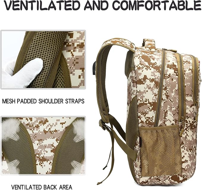 outdoor plus Camo Backpack for BoysMilitary Teen Backpack with USB Port Army Bookbag for School Tactical