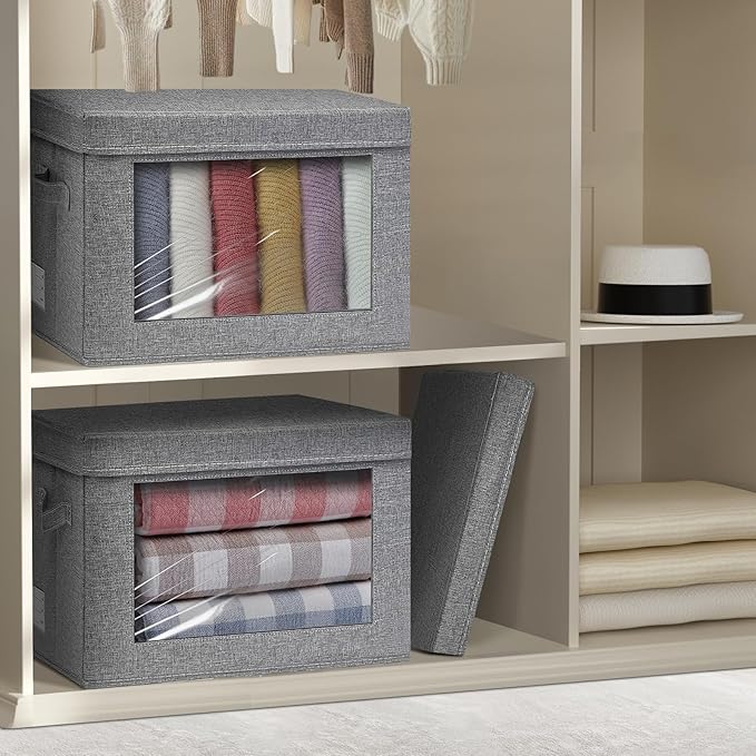 4-Pack Fabric Storage Bins with Lids Foldable Storage Boxes with Handles &amp Clear Window Closet Organizers for Clothes Books (Grey 4PCS/14.9 x 9.8 x 9.8 in)