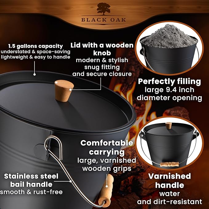 BLACK OAK Ash Bucket Pago 1.5 GAL - Black with lid with Wooden Handle + Brush + Shovel &amp Gloves - 5L Large Steel Fireproof Galvanized &amp Powder-Coated Bucket for ash Coal pellets Modern Desi
