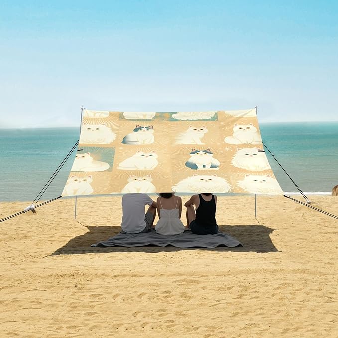 White Blue Cats Beach Canopy UPF50 Lightweight Large Portable Sun Shelter with Sandbags Sand Shovel Poles for Backyard and Camping