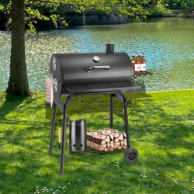 Kendane Barrel Charcoal Grill Large Charcoal Grills with Front and Side Shelf 627 Square Inches Cooking Grid Outdoor BBQ Grill Perfect for Backyard Camping Patio Parties and Picnics
