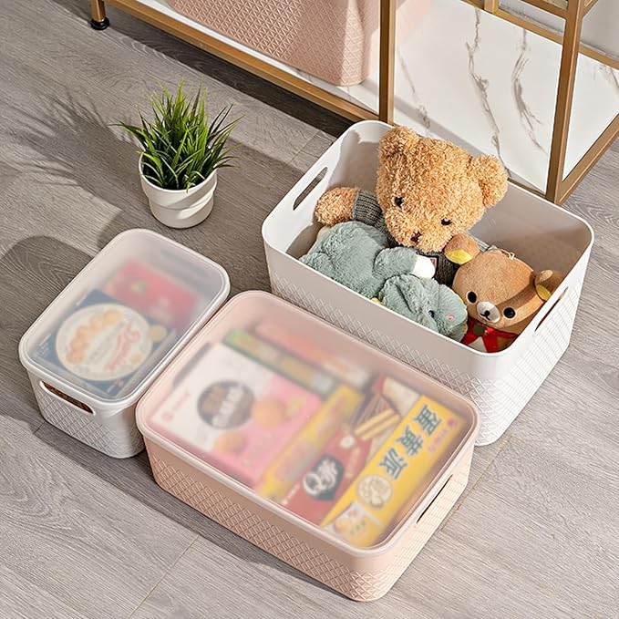 Lidded Storage Bin Organizer | Storage Organizing Container 16 Liter Set of 4 Off White